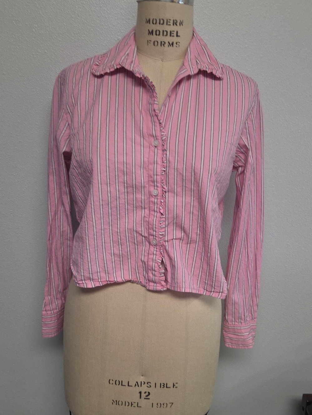 Old Navy Pink Stripe Ruffle-Trim Button Down Shirt